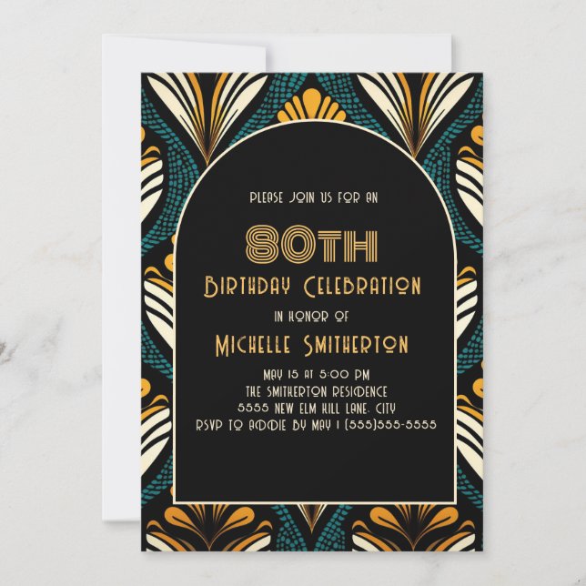 Black Yellow Teal Art Deco Arch 80th Birthday Invitation (Front)