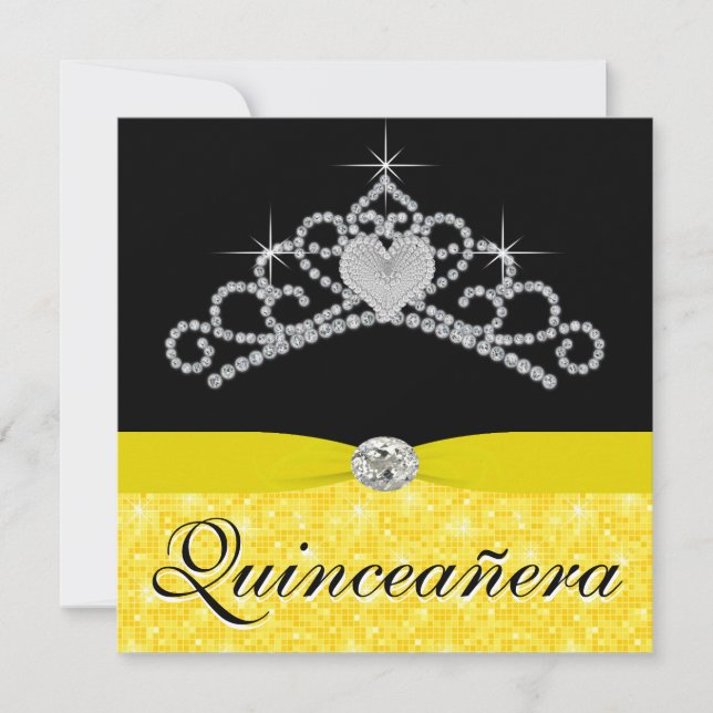 Black Yellow Tiara Black Yellow Quinceanera Invitation (Front)