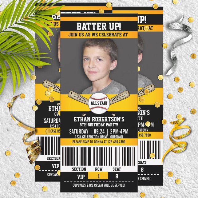 Black|Yellow Ticket Style Baseball Birthday Party Invitation (Creator Uploaded)