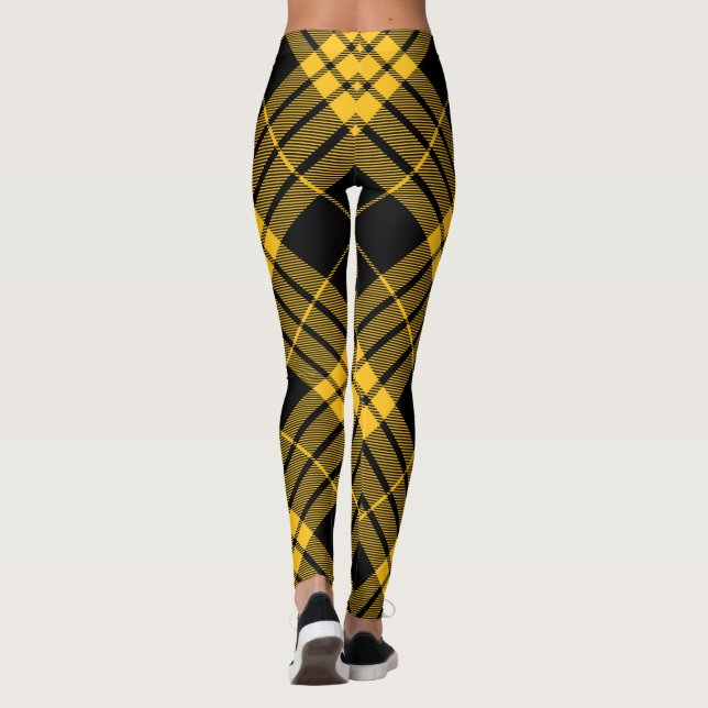 Black Yellow Trendy Diagonal Tartan Plaid Leggings (Back)