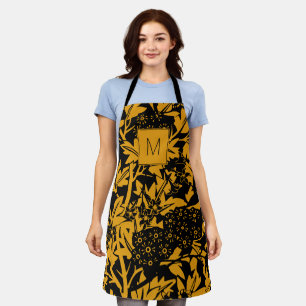 Black Yellow Vintage Floral Monogram Apron