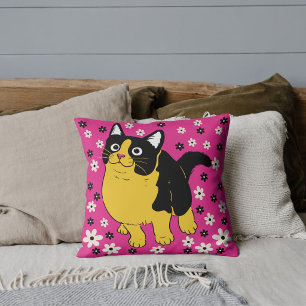 Black Yellow White Cute Cat And Flowers On Pink Throw Pillow