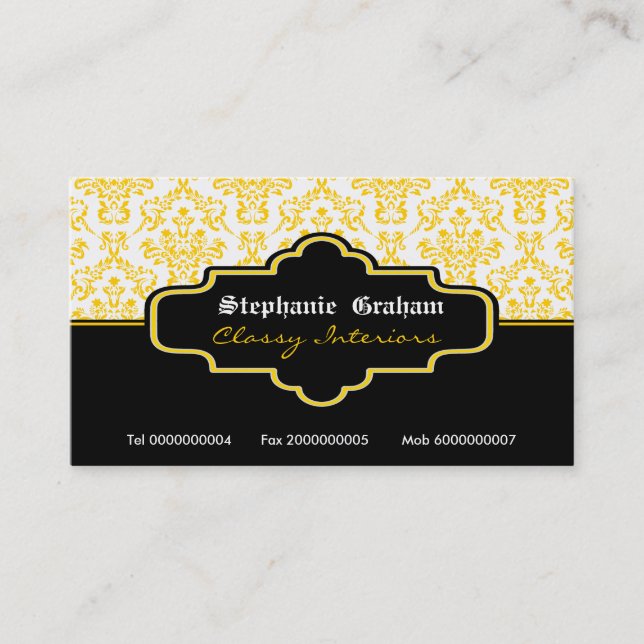 Black yellow white damask interiors business card (Front)