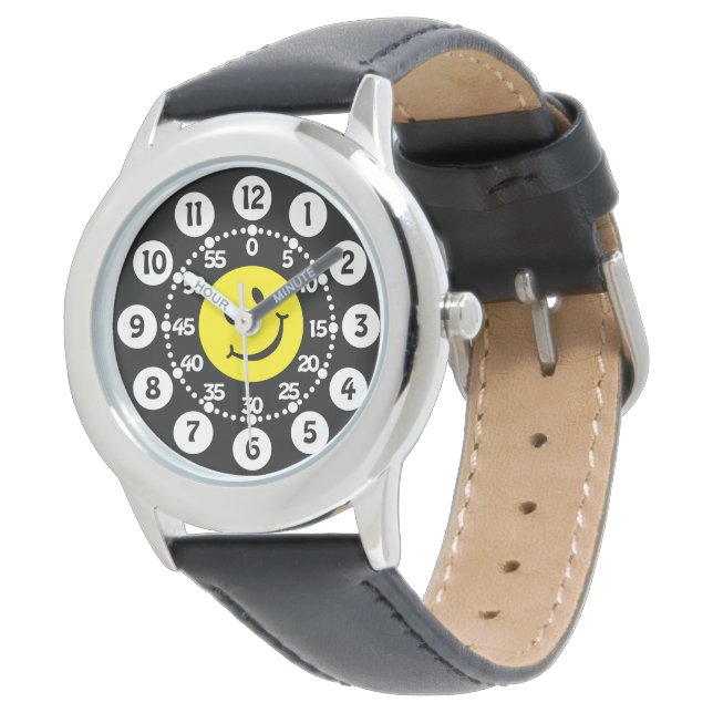 black, yellow & white happy face wrist watch (Angled)