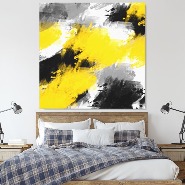 Black Yellow White Modern Abstract Brushstrokes   Canvas Print (Insitu(Bedroom))