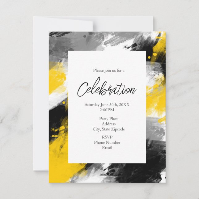Black Yellow White Modern Abstract Brushstrokes Invitation (Front)