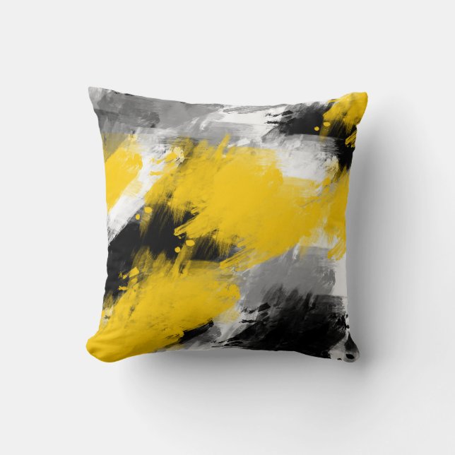 Black Yellow White Modern Abstract Brushstrokes Throw Pillow (Front)