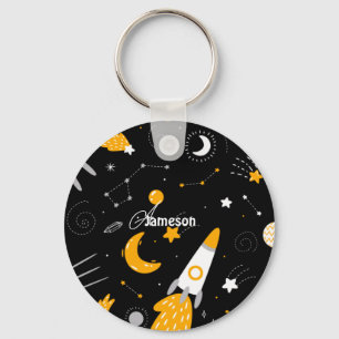 Black Yellow White Night Sky Outer Space Rocket Keychain