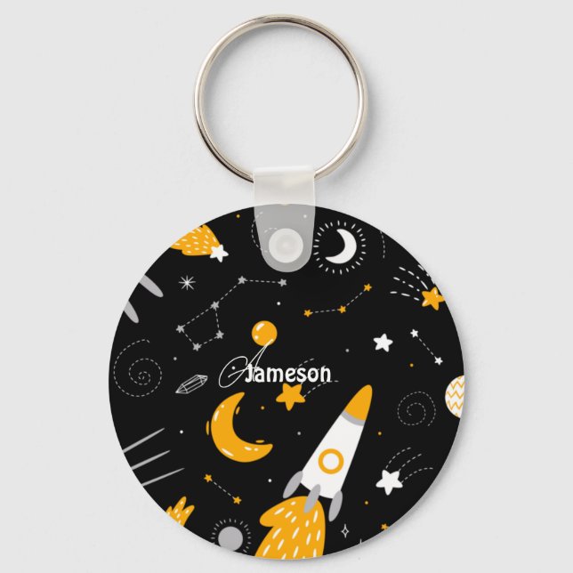 Black Yellow White Night Sky Outer Space Rocket Keychain (Front)