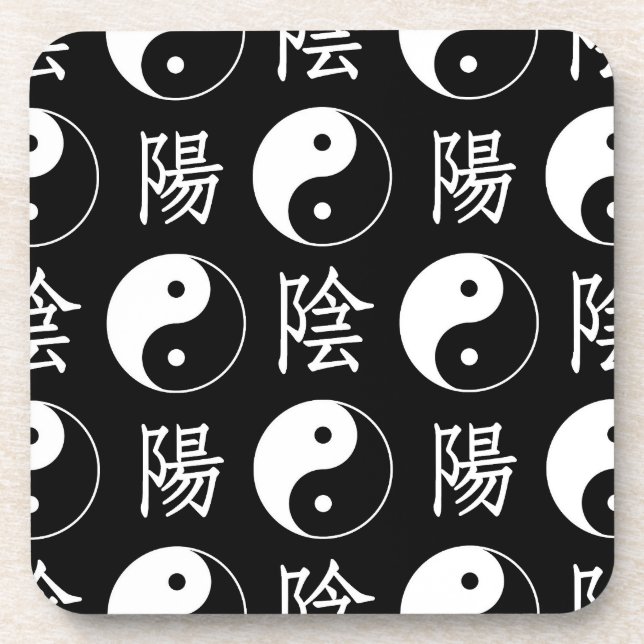 Black Yinyang Symbol Chinese Text Pattern Coaster (Front)