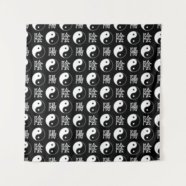 Black Yinyang Symbol Chinese Text Pattern Tapestry (Front)