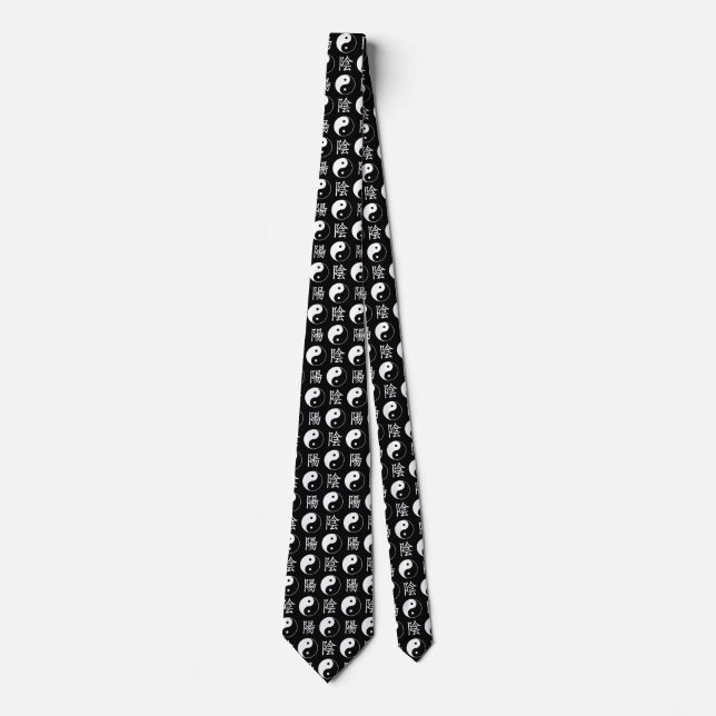 Black Yinyang Symbol Chinese Text Pattern Tie (Front)