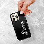 Black | Your Name in Retro Script iPhone 13 Case<br><div class="desc">This bold and modern phone case features a dark,  black background,  with your name in trendy and retro white script.</div>