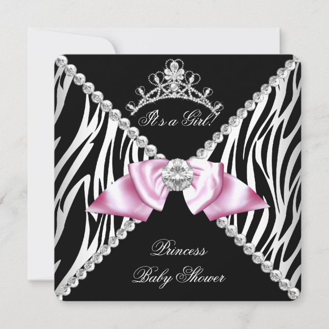 Black Zebra Pink Bow Princess Baby Shower Invitation (Front)