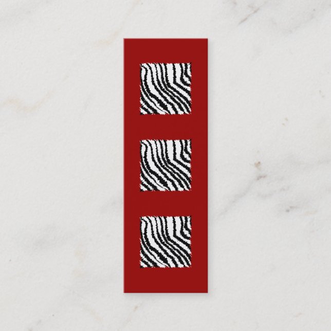 Black Zebra Print Pattern on Deep Red. Mini Business Card (Front)