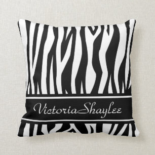 Black Zebra Print with custom text Throw Pillow