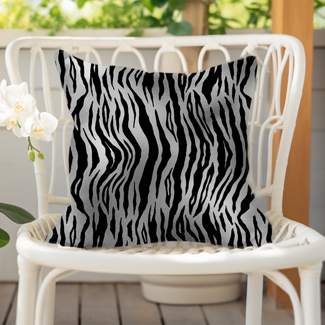 Black Zebra Stripes Animal Print Silver Luxury Outdoor Pillow (Creator Uploaded)