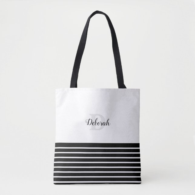 blackandwhite stripes & monogram tote bag (Front)