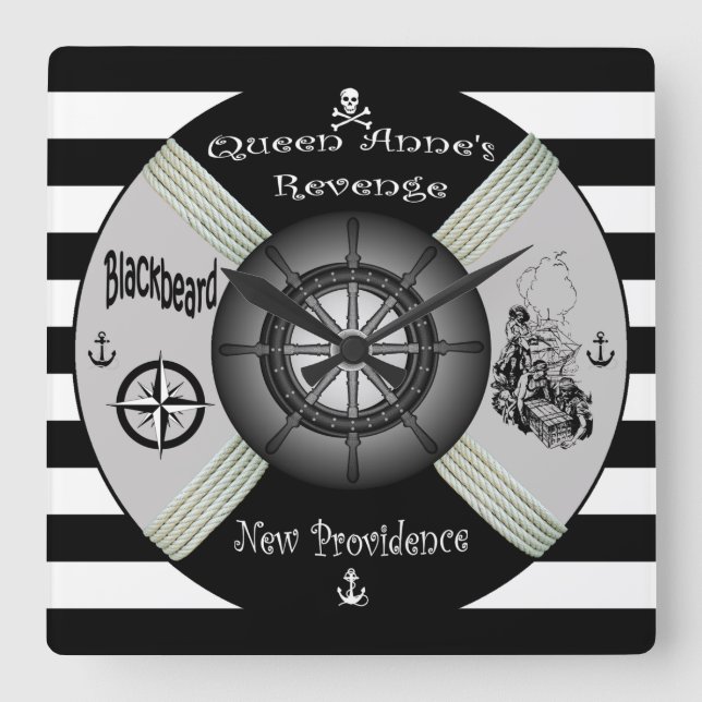 Blackbeard ~Queen Anne's Revenge ~Pirate~Life-ring Square Wall Clock (Front)