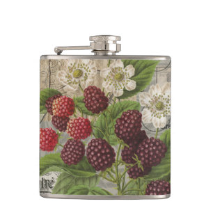 Blackberries Floral Garden Flower Butterfly Art Hip Flask