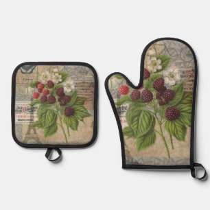 Blackberries Floral Garden Flower Butterfly Art Oven Mitt & Pot Holder Set