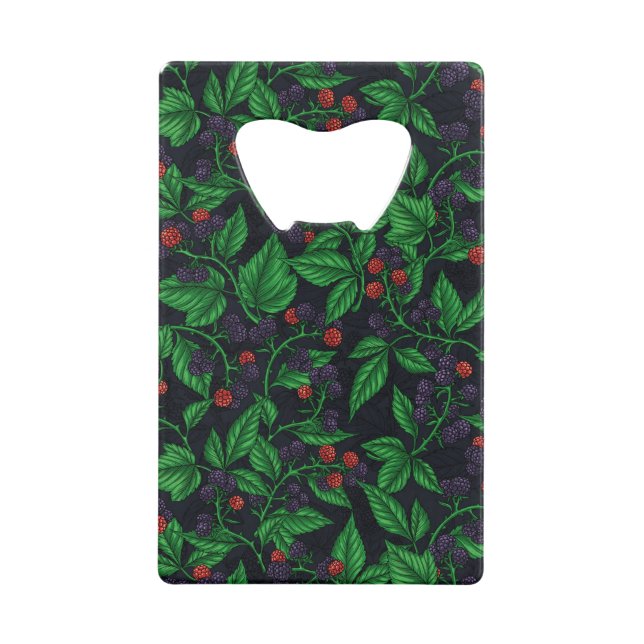 Blackberries on dark grey credit card bottle opener (Front)