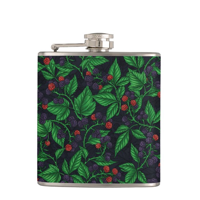 Blackberries on dark grey hip flask (Front)
