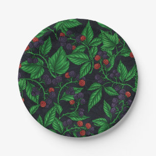 Blackberries on dark grey paper plate