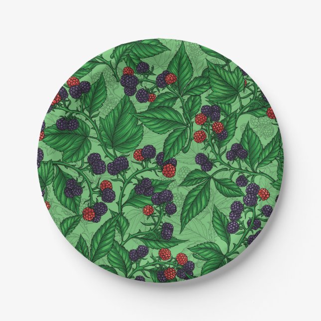 Blackberries on green paper plate (Front)