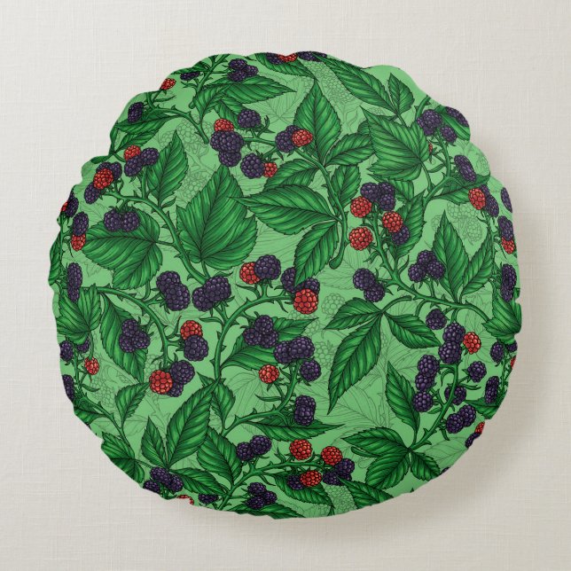 Blackberries on green round pillow (Front)