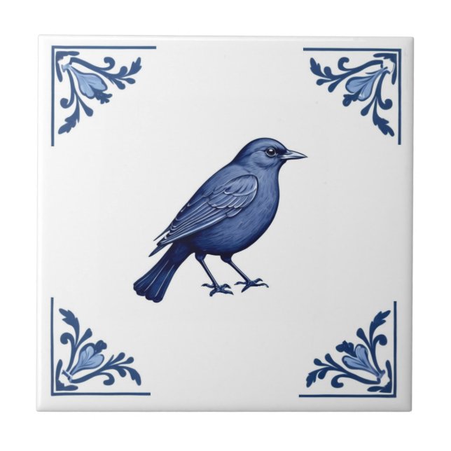 Blackbird Delft Blue and White Floral Corners Bird Tile (Front)
