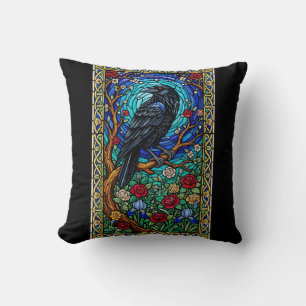 Blackbird Stained Glass Corvid Raven Throw Pillow