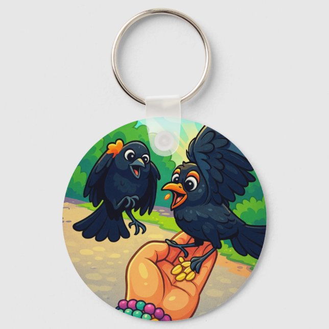 Blackbirds feeding from hand in the park cartoon keychain (Front)