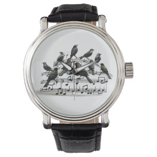 blackbirds sitting on a musical composition 3d watch