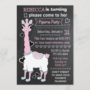 Blackboard Black White Pink Llama 12th Sleepover Invitation