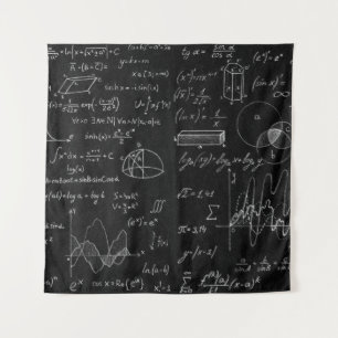 Blackboard inscribed with scientific formulas and tapestry