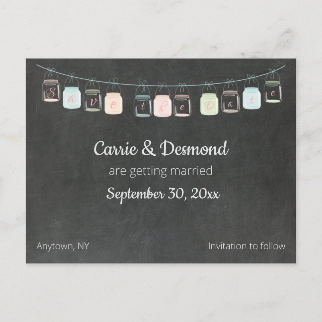 Blackboard Mason Jars Custom Save the Date Wedding Postcard (Front)