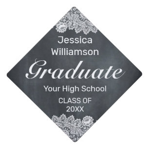 Blackboard & White Lace Graduate Graduation Cap Topper