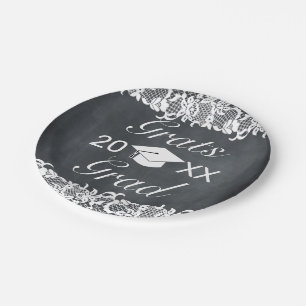 Blackboard & White Lace Hat Cap Grats Paper Plate