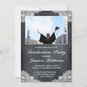 Blackboard & White Lace Photo Graduation Invitation