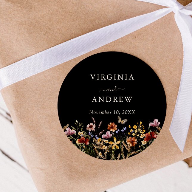 BlackBoho Wildflower Wedding Classic Round Sticker (Black Boho Wildflower Wedding Classic Round Sticker by Painted Paperie
)