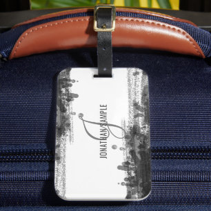 Blackest Ink Black Watercolor Abstract Monogram Luggage Tag