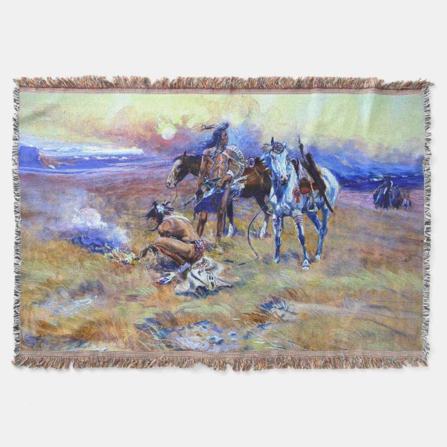 Blackfeet Burning Crow Buffalo Range Charles M Rus Throw Blanket (Front)