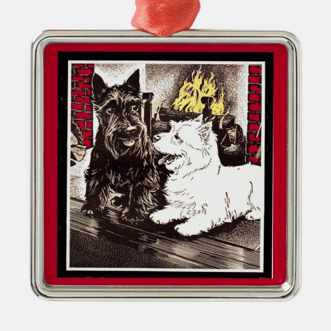 Blackie and Whitie by the fire Metal Ornament (Front)