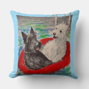 Blackie and Whitie on a raft Throw Pillow