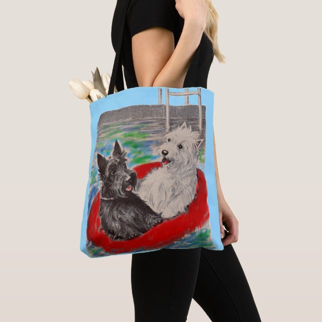 Blackie and Whitie on a raft Tote Bag (Close Up)