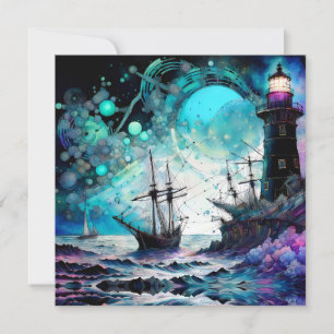 Blacklight-Lighthouse and sailboat stormy seas