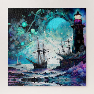 Blacklight-Lighthouse and sailboat stormy seas Jigsaw Puzzle