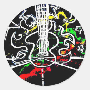 Blacklight / Neon Splash Flaming Guitar on Highway Classic Round Sticker