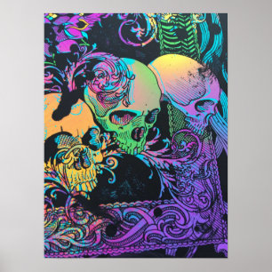 Blacklight Skull Colourful Abstract Poster